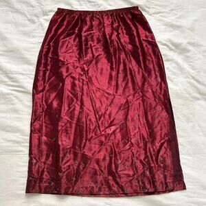 Vintage Burgundy red midi slip skirt with floral shimmer print and elastic waist